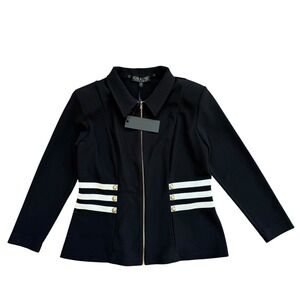 Grayse Kelly Marie Gray Black Cream Striped Gold Button Zip Jacket M
